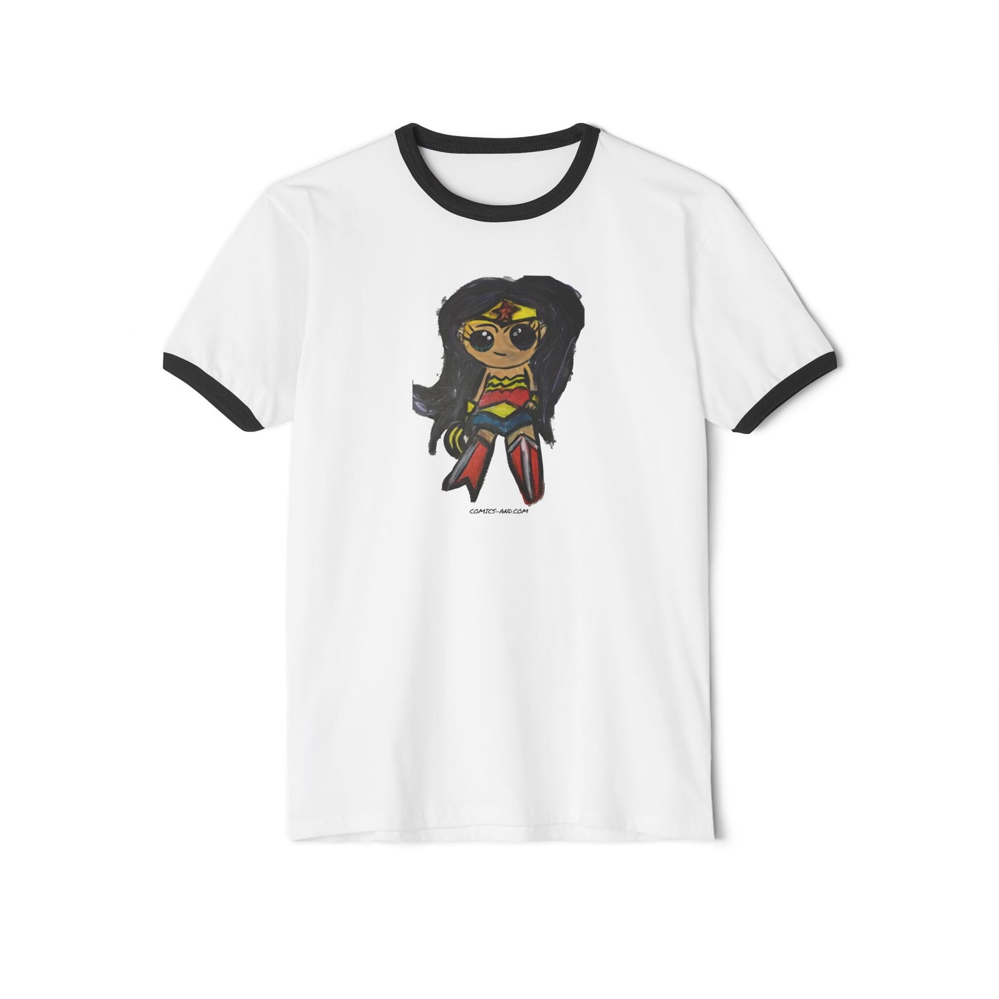 Wonder Woman Chibi Fan Art Ringer Tee | Hand Painted Superhero Art by LIL DBO | Cute Comic Inspired Graphic T-Shirt | Geek Gift