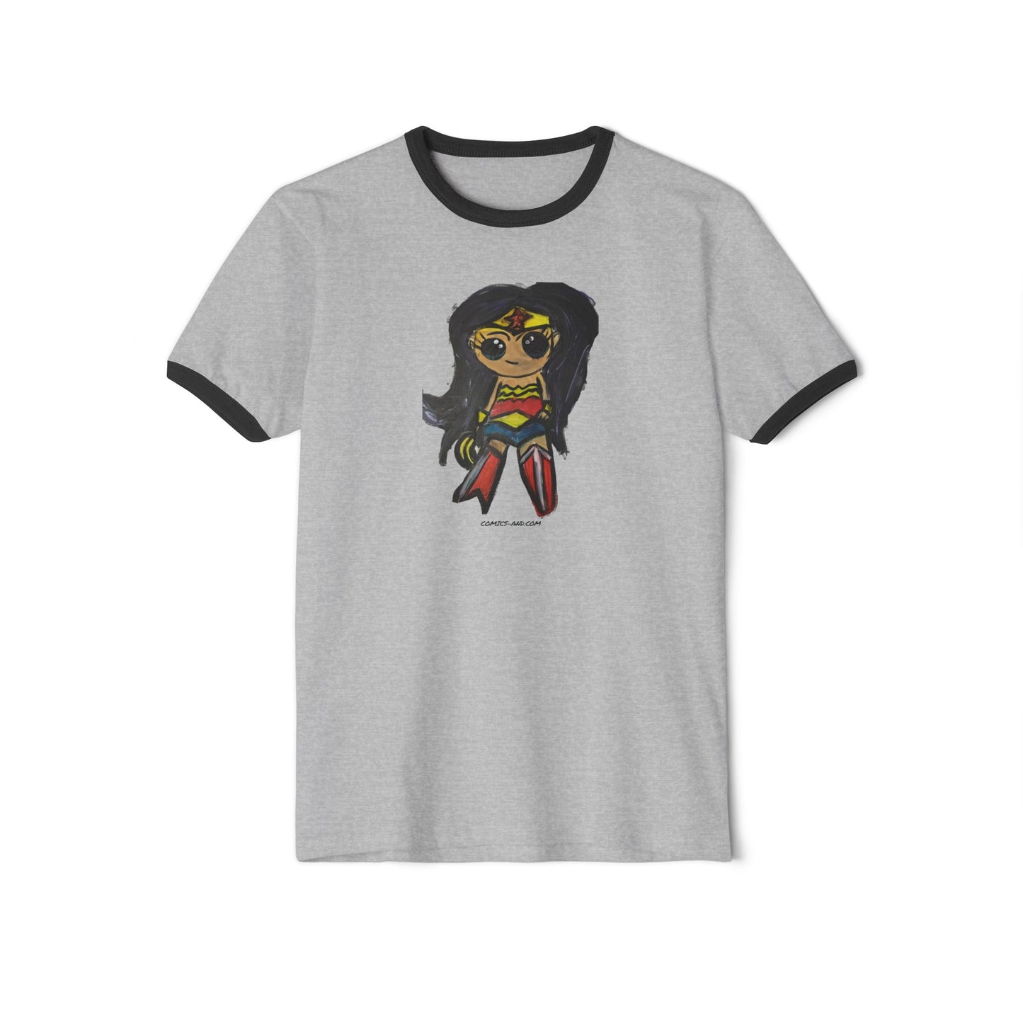 Wonder Woman Chibi Fan Art Ringer Tee | Hand Painted Superhero Art by LIL DBO | Cute Comic Inspired Graphic T-Shirt | Geek Gift