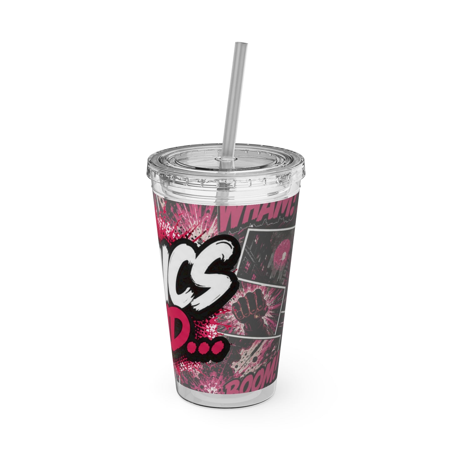 Comics And 16oz Acrylic Tumbler, Comic Book Cup With Straw, Pink Black Nerd Tumbler, Geek Gift for Her, Pop Art Drinkware