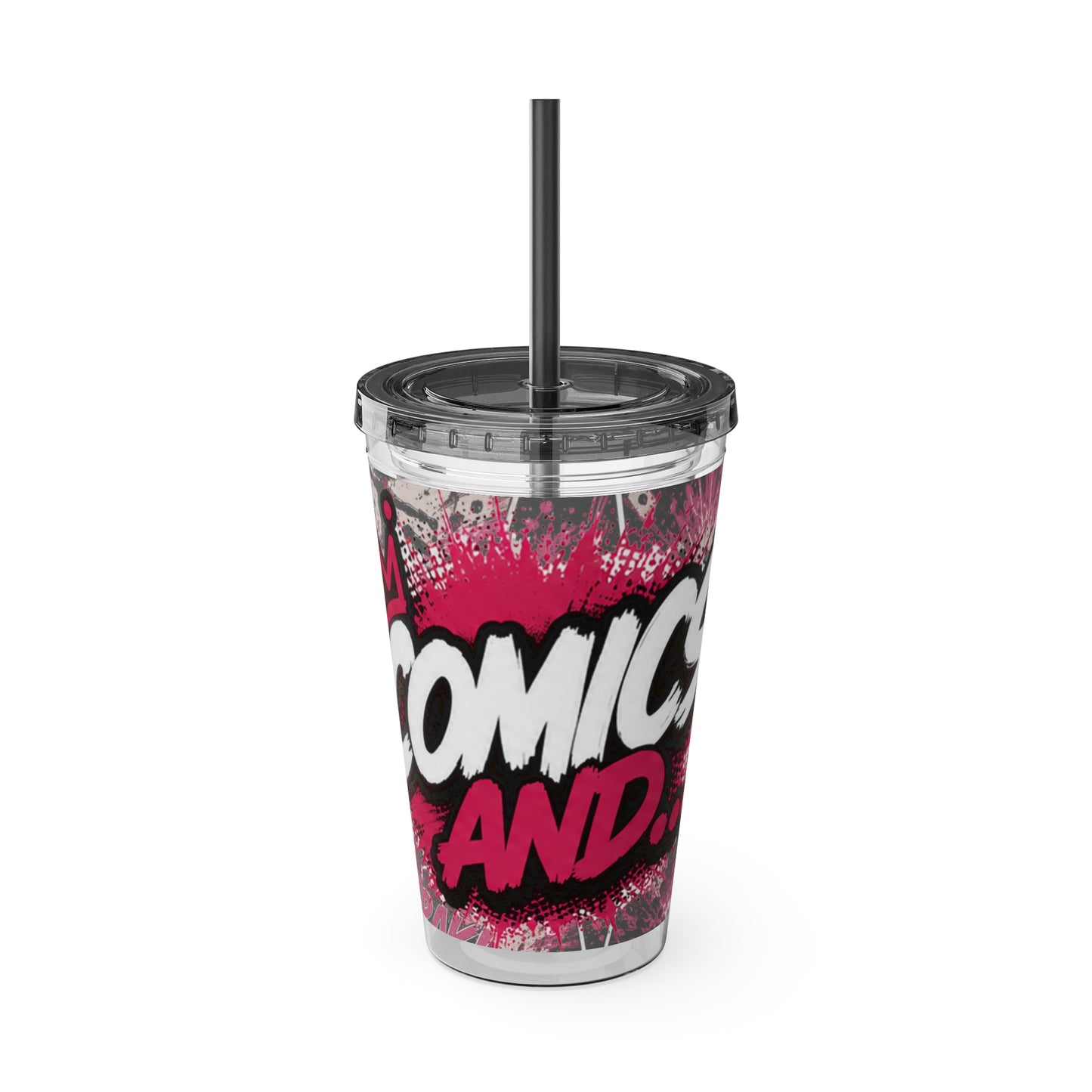 Comics And 16oz Acrylic Tumbler, Comic Book Cup With Straw, Pink Black Nerd Tumbler, Geek Gift for Her, Pop Art Drinkware
