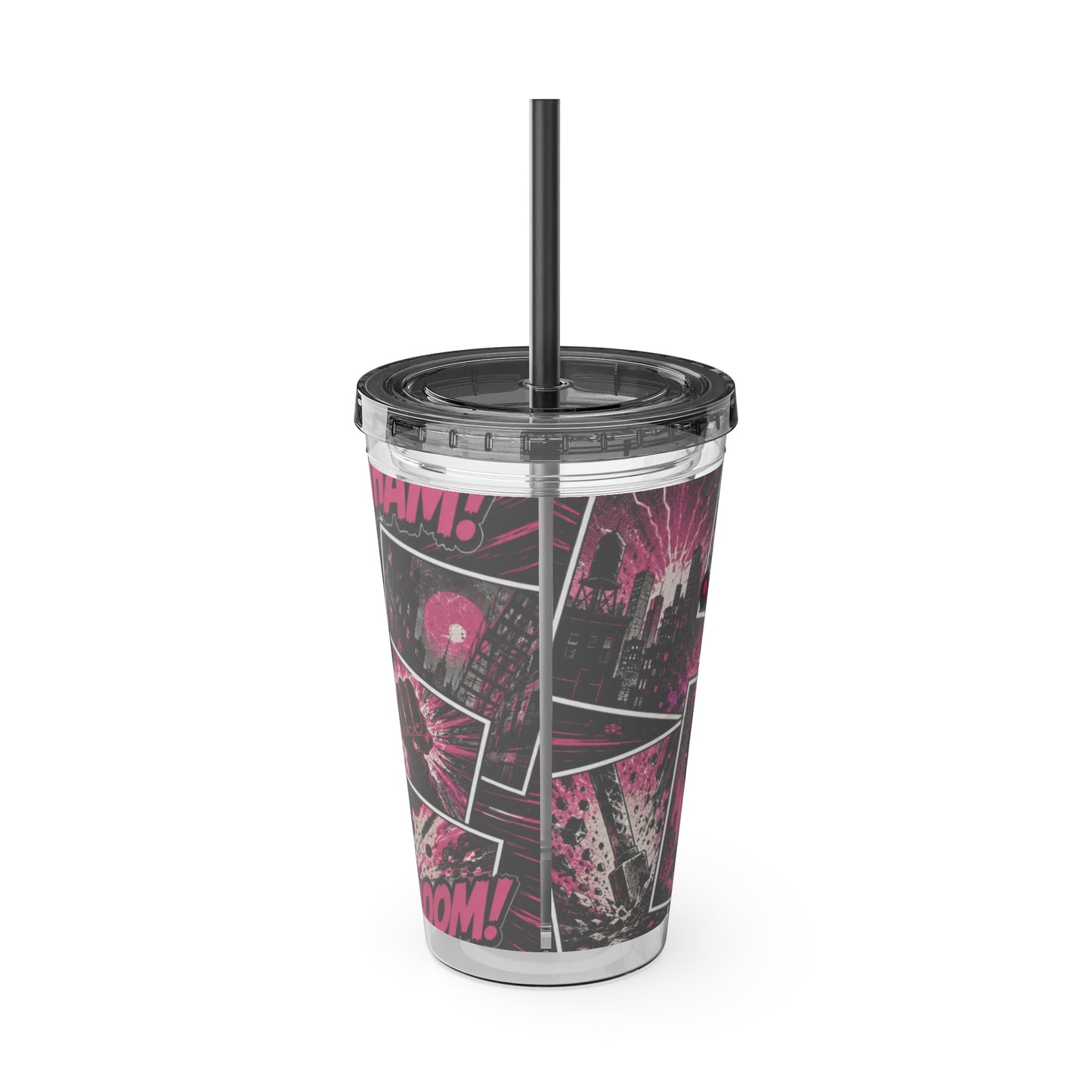 Comics And 16oz Acrylic Tumbler, Comic Book Cup With Straw, Pink Black Nerd Tumbler, Geek Gift for Her, Pop Art Drinkware