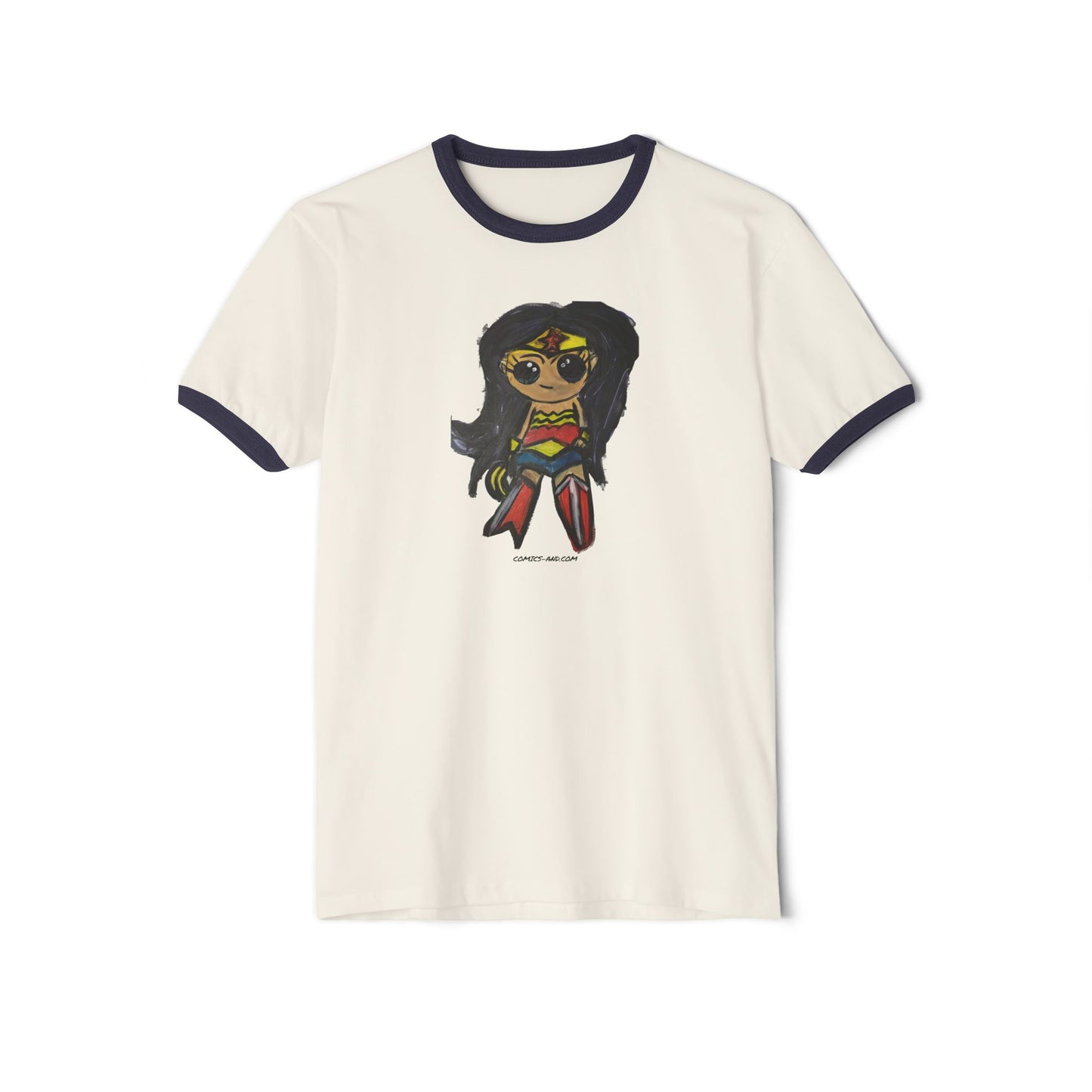 Wonder Woman Chibi Fan Art Ringer Tee | Hand Painted Superhero Art by LIL DBO | Cute Comic Inspired Graphic T-Shirt | Geek Gift