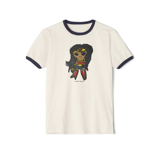 Wonder Woman Chibi Fan Art Ringer Tee | Hand Painted Superhero Art by LIL DBO | Cute Comic Inspired Graphic T-Shirt | Geek Gift