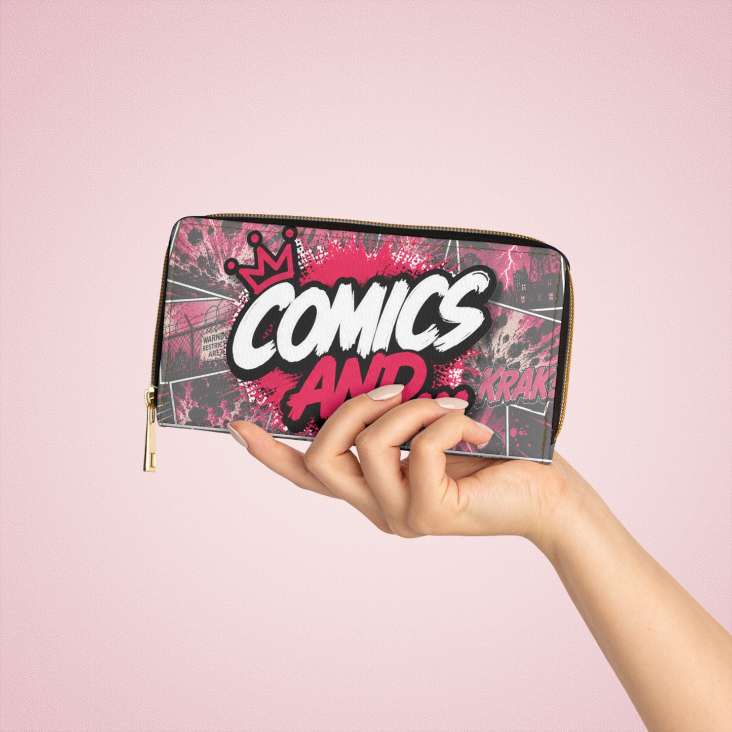 Comics And Zip Wallet, Comic Book Graffiti Wallet, Pink Black Nerd Wallet, Geek Gift for Women, Comic Lover Gift, Pop Art Wallet