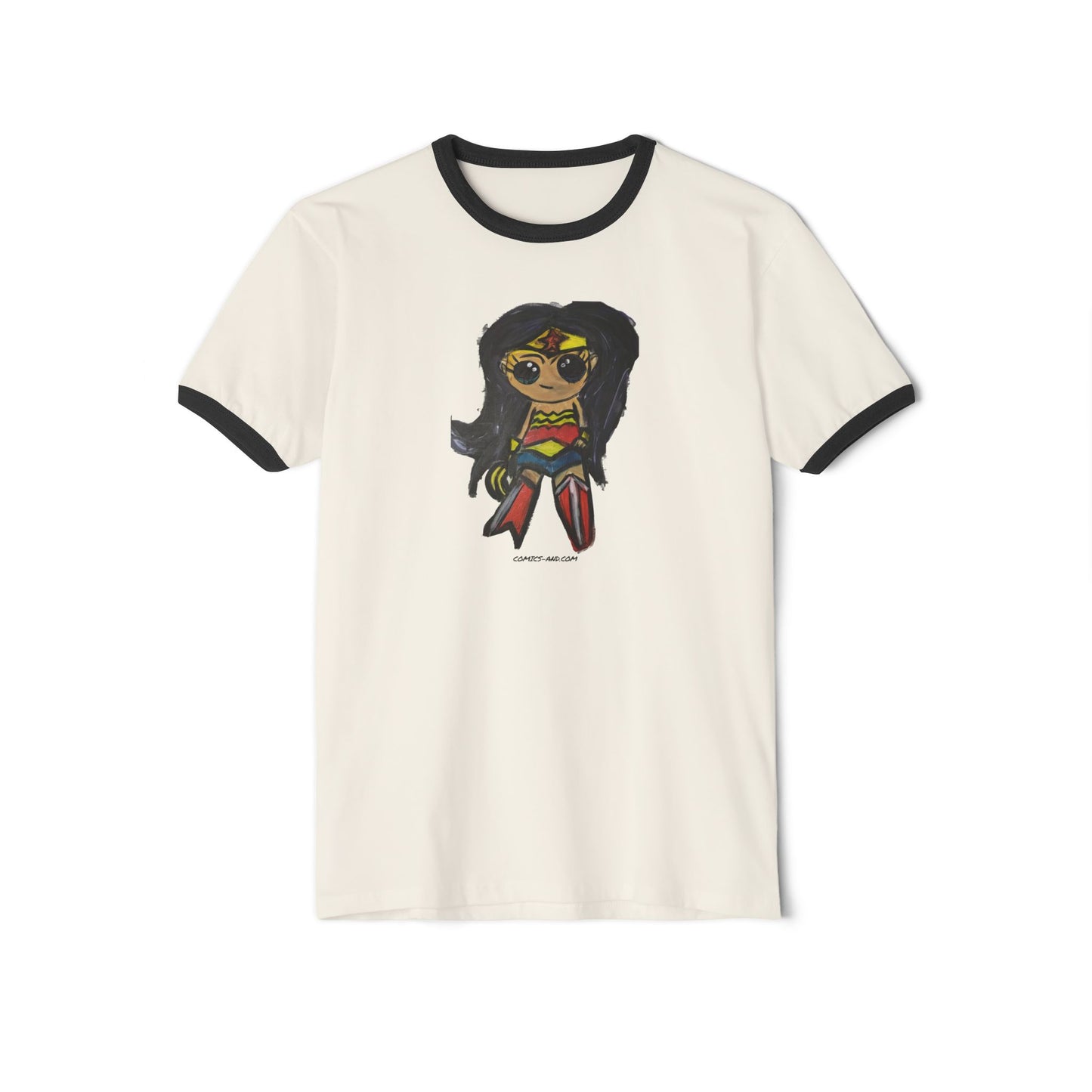 Wonder Woman Chibi Fan Art Ringer Tee | Hand Painted Superhero Art by LIL DBO | Cute Comic Inspired Graphic T-Shirt | Geek Gift