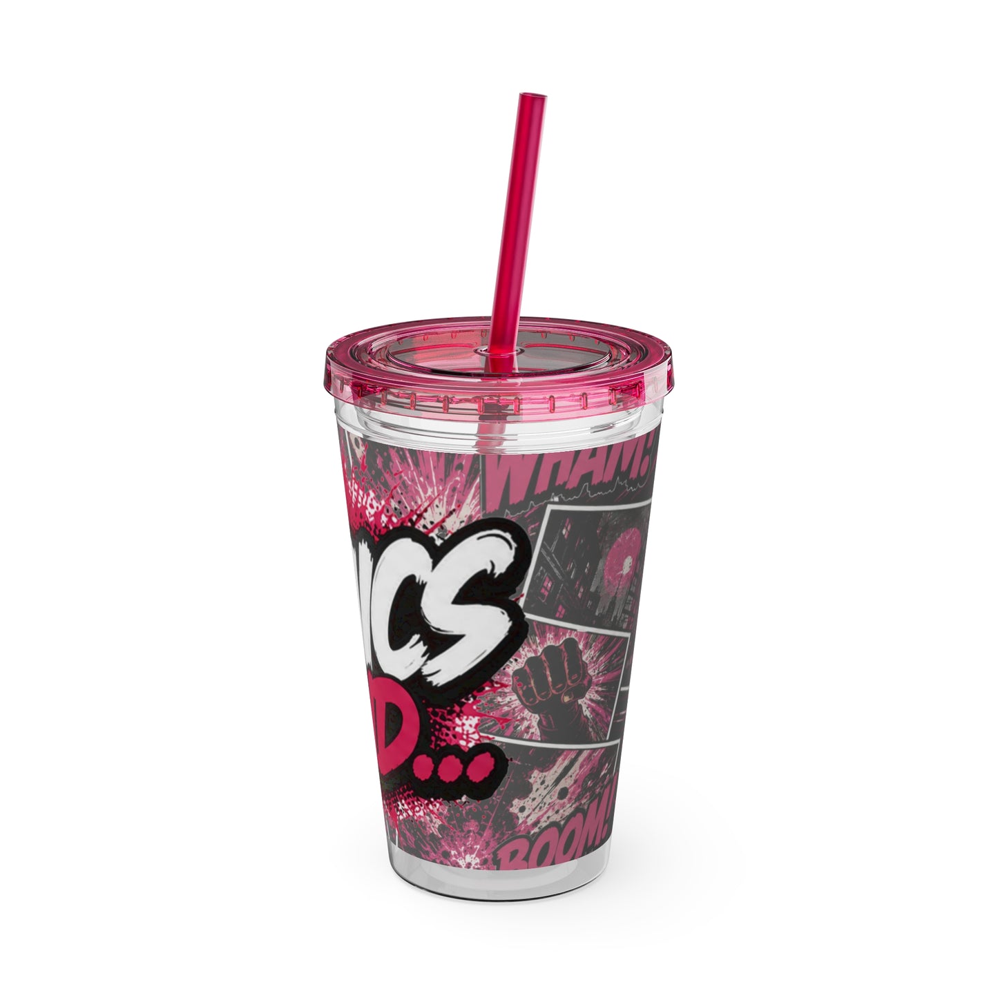 Comics And 16oz Acrylic Tumbler, Comic Book Cup With Straw, Pink Black Nerd Tumbler, Geek Gift for Her, Pop Art Drinkware