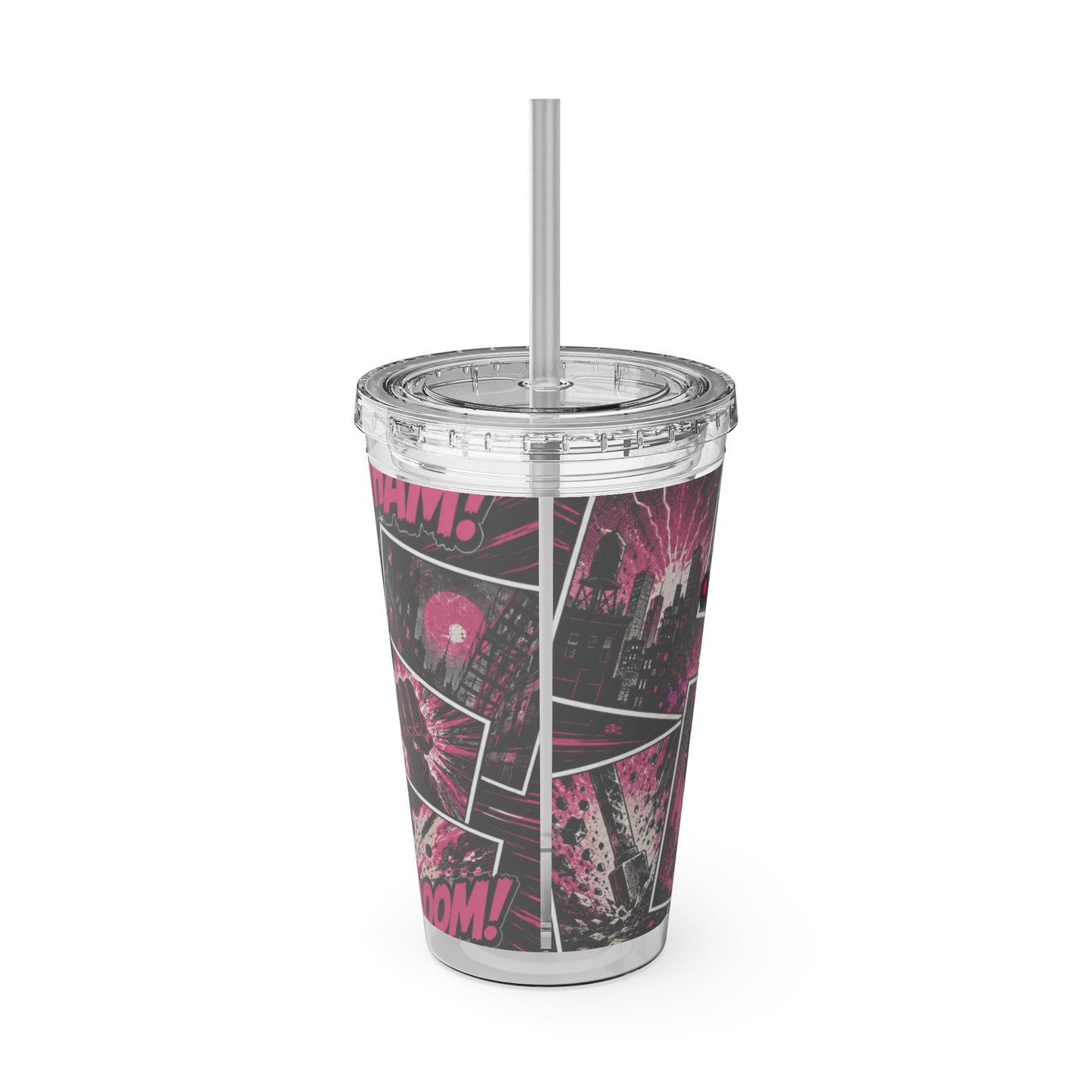 Comics And 16oz Acrylic Tumbler, Comic Book Cup With Straw, Pink Black Nerd Tumbler, Geek Gift for Her, Pop Art Drinkware
