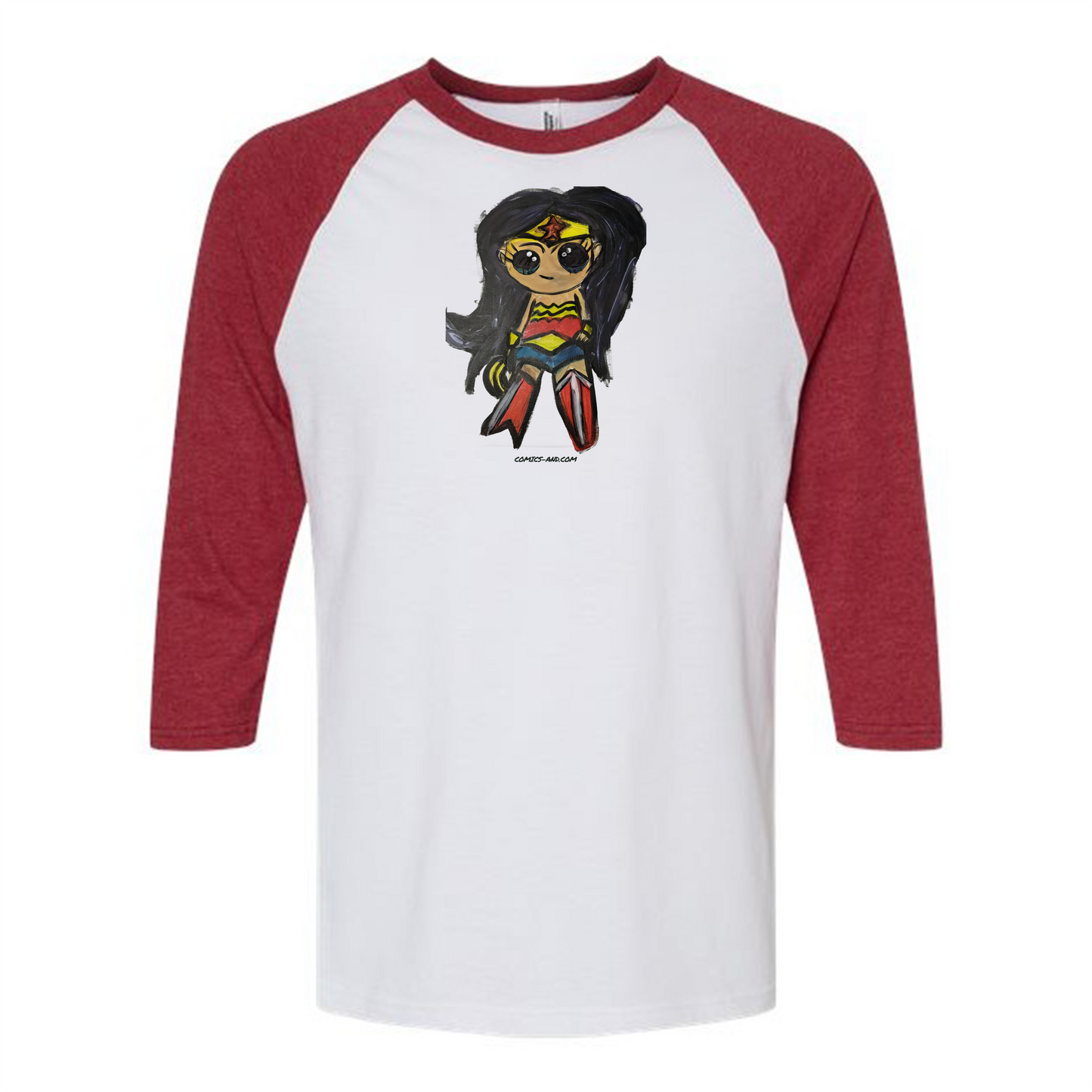 Wonder Woman Chibi Fan Art 3/4 Sleeve Raglan Shirt | Hand Painted Superhero Art by LIL DBO | Retro Baseball Tee | Geek Gift