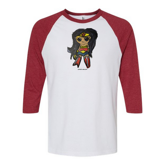 Wonder Woman Chibi Fan Art 3/4 Sleeve Raglan Shirt | Hand Painted Superhero Art by LIL DBO | Retro Baseball Tee | Geek Gift