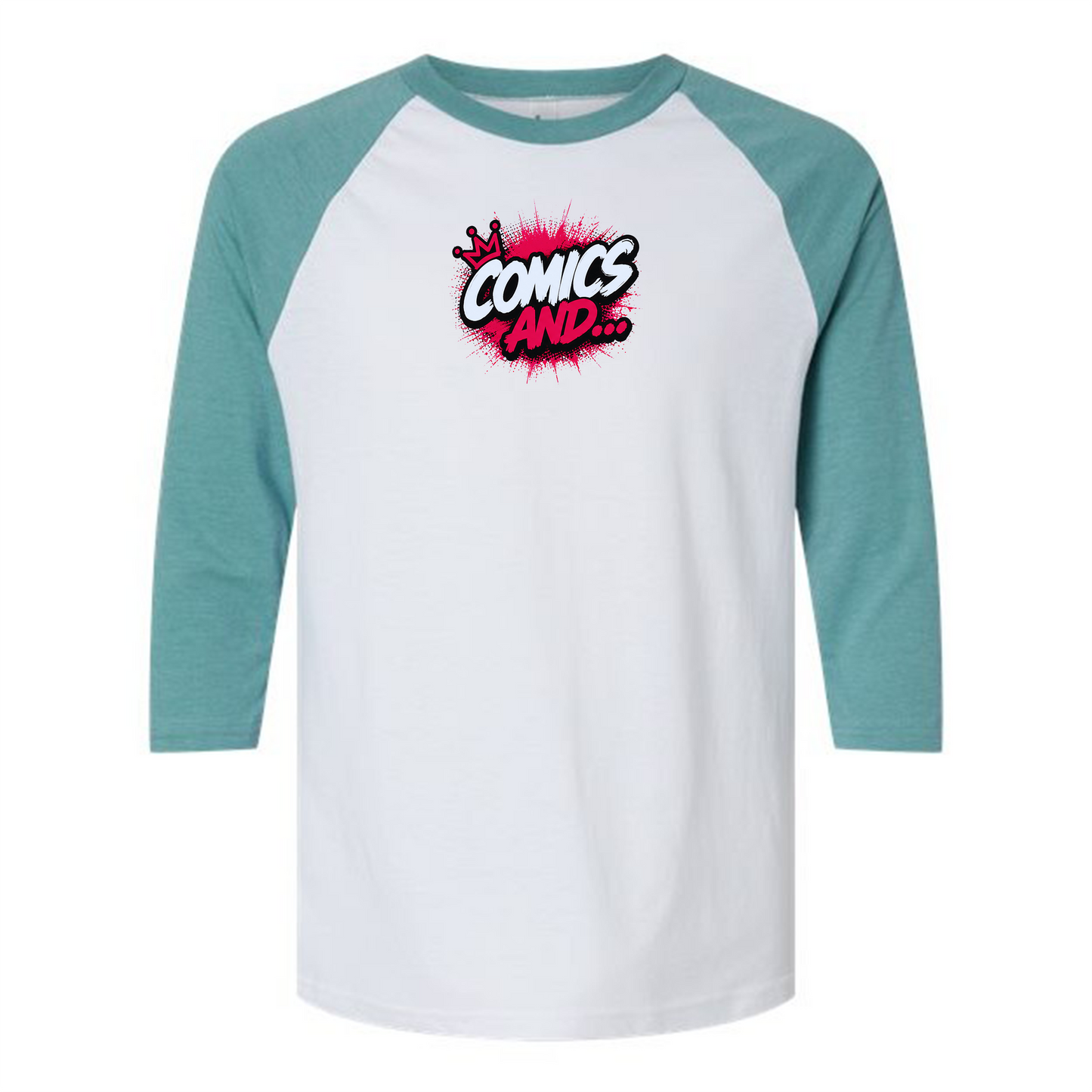 Official Comics And... Logo 3/4 Sleeve Raglan Tee | Retro Baseball Shirt | Comic Book Apparel | Geek Gift | Nerd Fashion