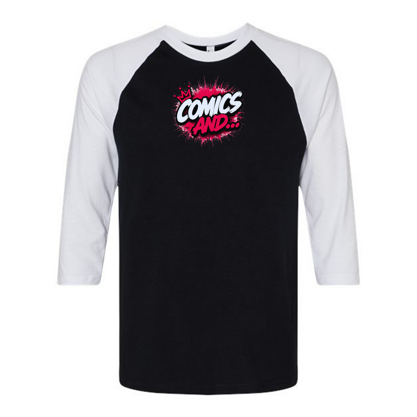 Official Comics And... Logo 3/4 Sleeve Raglan Tee | Retro Baseball Shirt | Comic Book Apparel | Geek Gift | Nerd Fashion