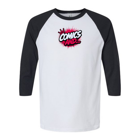Official Comics And... Logo 3/4 Sleeve Raglan Tee | Retro Baseball Shirt | Comic Book Apparel | Geek Gift | Nerd Fashion