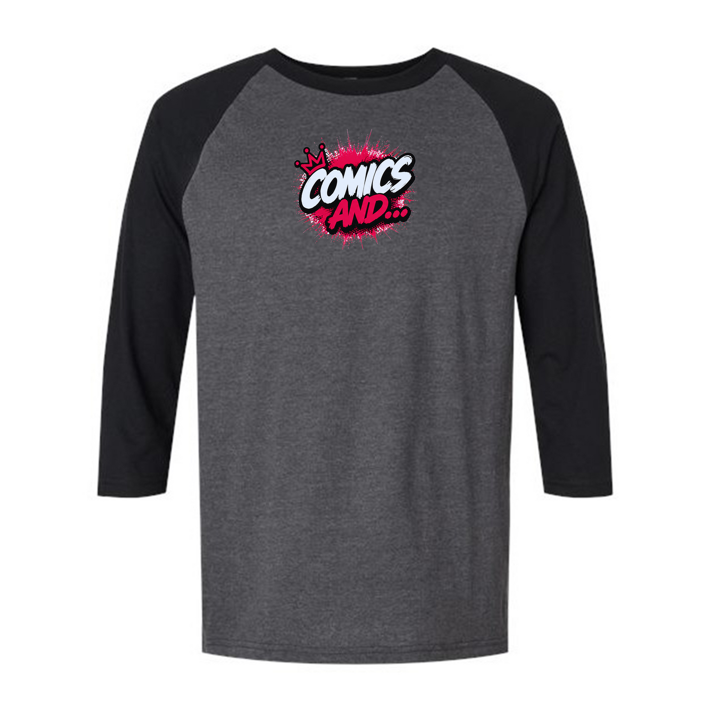 Official Comics And... Logo 3/4 Sleeve Raglan Tee | Retro Baseball Shirt | Comic Book Apparel | Geek Gift | Nerd Fashion