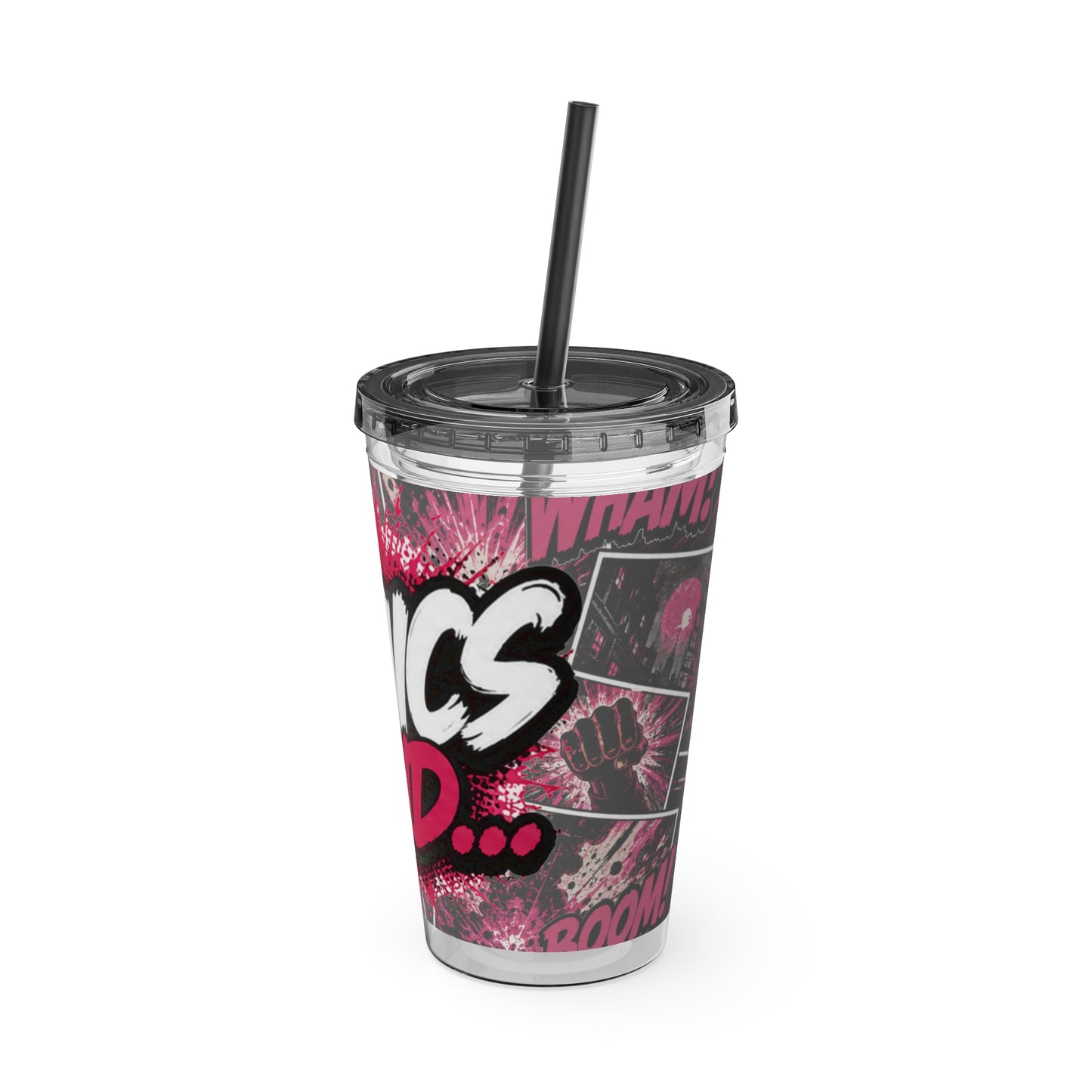 Comics And 16oz Acrylic Tumbler, Comic Book Cup With Straw, Pink Black Nerd Tumbler, Geek Gift for Her, Pop Art Drinkware