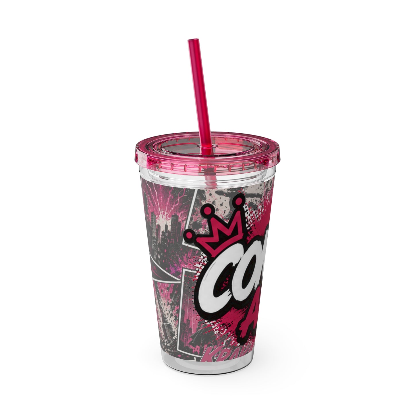 Comics And 16oz Acrylic Tumbler, Comic Book Cup With Straw, Pink Black Nerd Tumbler, Geek Gift for Her, Pop Art Drinkware