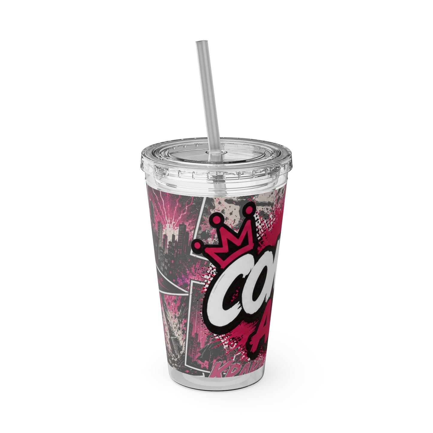 Comics And 16oz Acrylic Tumbler, Comic Book Cup With Straw, Pink Black Nerd Tumbler, Geek Gift for Her, Pop Art Drinkware