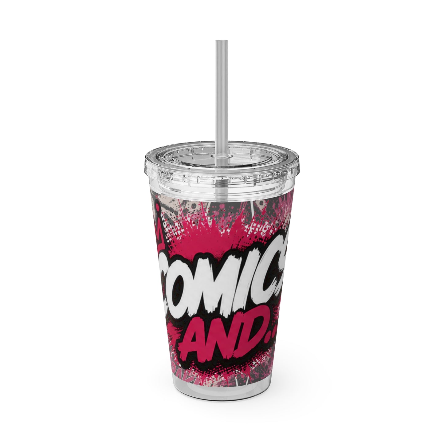Comics And 16oz Acrylic Tumbler, Comic Book Cup With Straw, Pink Black Nerd Tumbler, Geek Gift for Her, Pop Art Drinkware