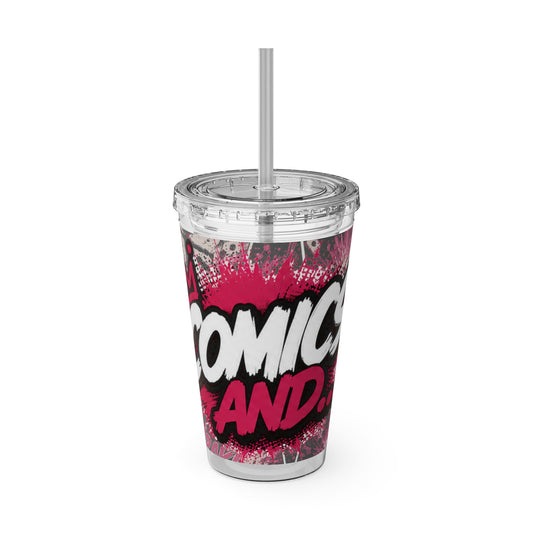 Comics And 16oz Acrylic Tumbler, Comic Book Cup With Straw, Pink Black Nerd Tumbler, Geek Gift for Her, Pop Art Drinkware