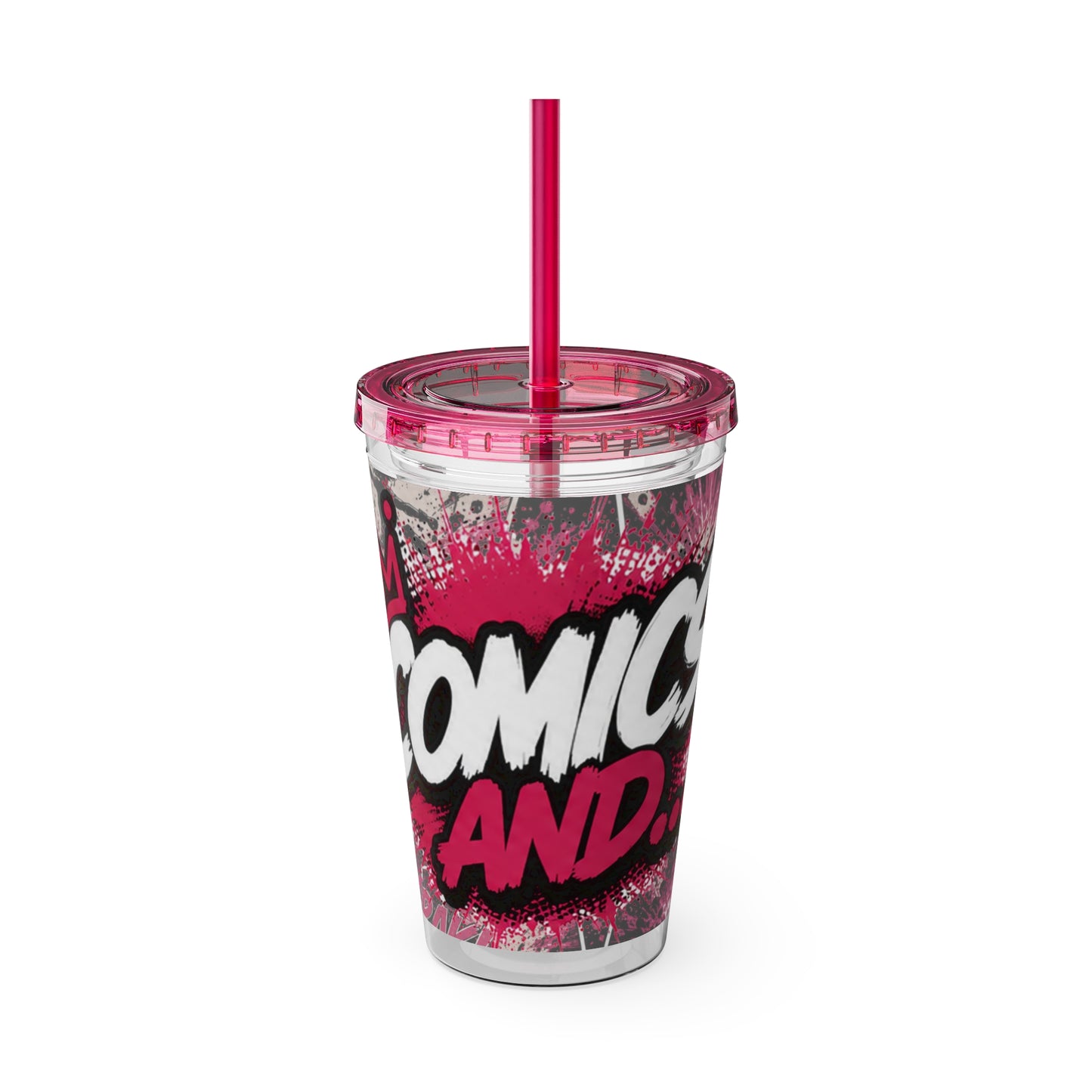 Comics And 16oz Acrylic Tumbler, Comic Book Cup With Straw, Pink Black Nerd Tumbler, Geek Gift for Her, Pop Art Drinkware