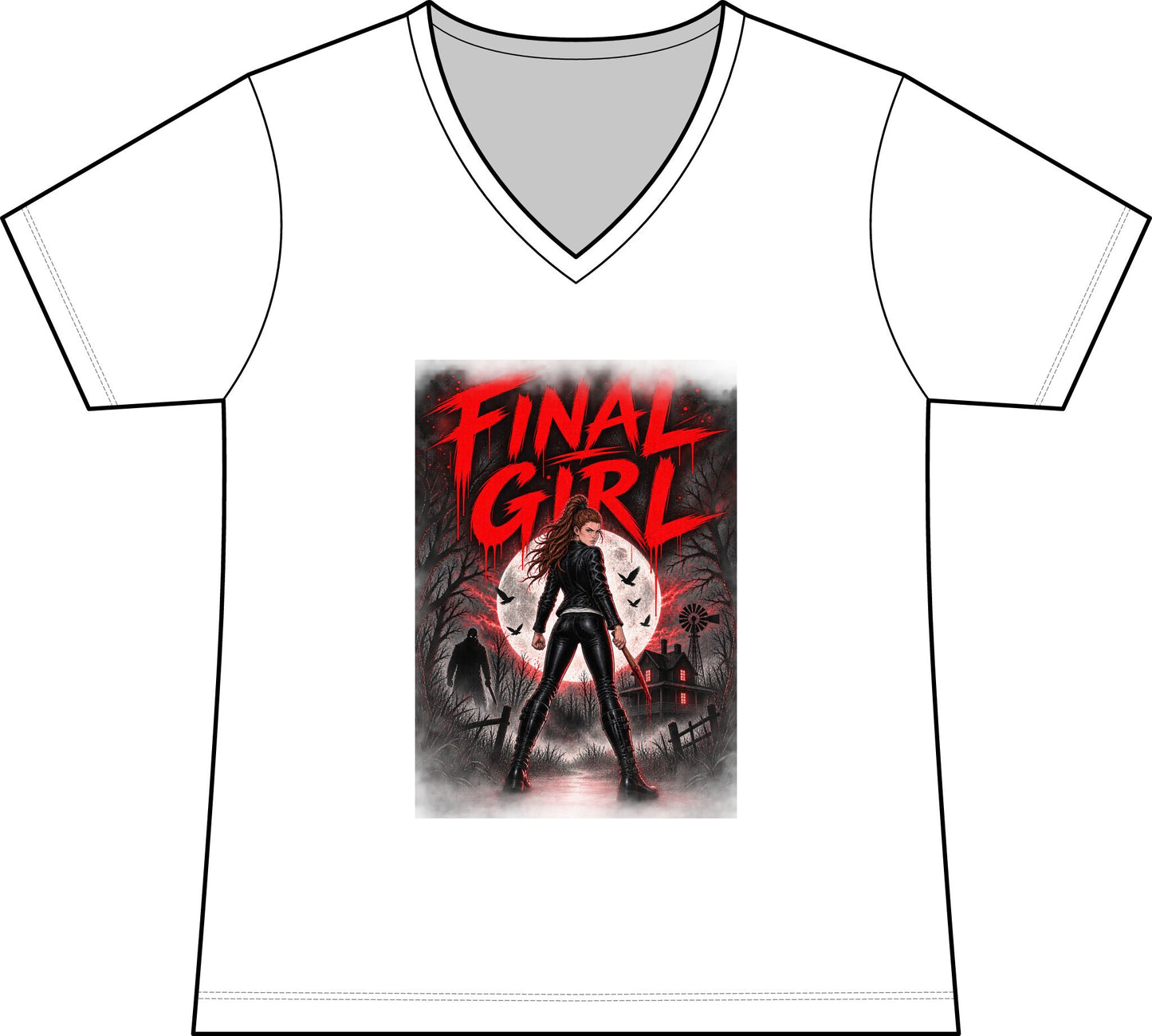 Emma Hogan Final Girl Horror V-Neck Tee — Women’s Retro Slasher Movie T-Shirt