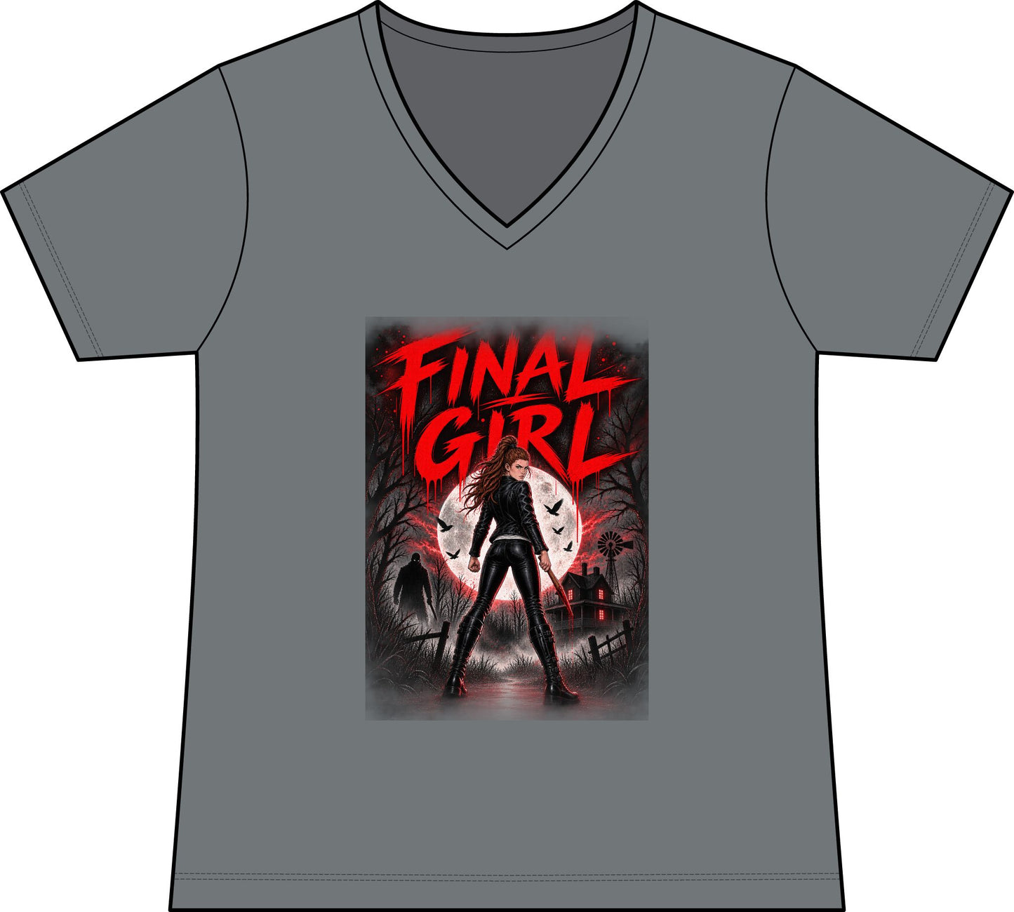 Emma Hogan Final Girl Horror V-Neck Tee — Women’s Retro Slasher Movie T-Shirt