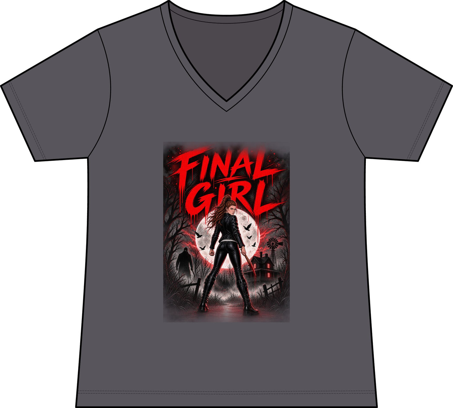 Emma Hogan Final Girl Horror V-Neck Tee — Women’s Retro Slasher Movie T-Shirt
