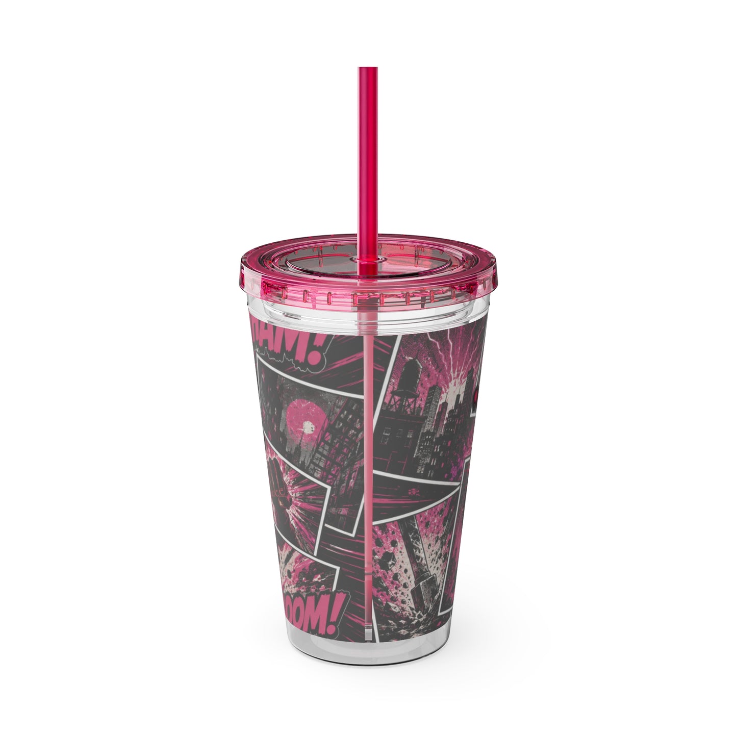 Comics And 16oz Acrylic Tumbler, Comic Book Cup With Straw, Pink Black Nerd Tumbler, Geek Gift for Her, Pop Art Drinkware
