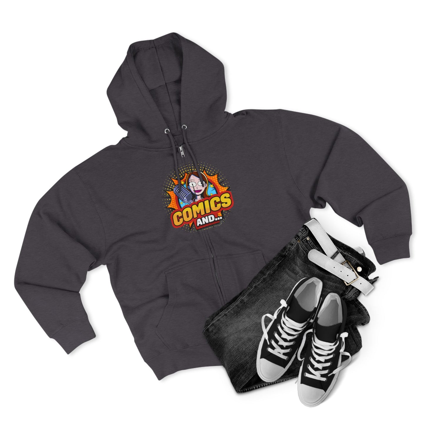 COMICS AND Official Unisex Zip Hoodie, YouTuber Merch, Hooded Sweatshirt, Zip-Up Jacket, Comic Book Lover Gift