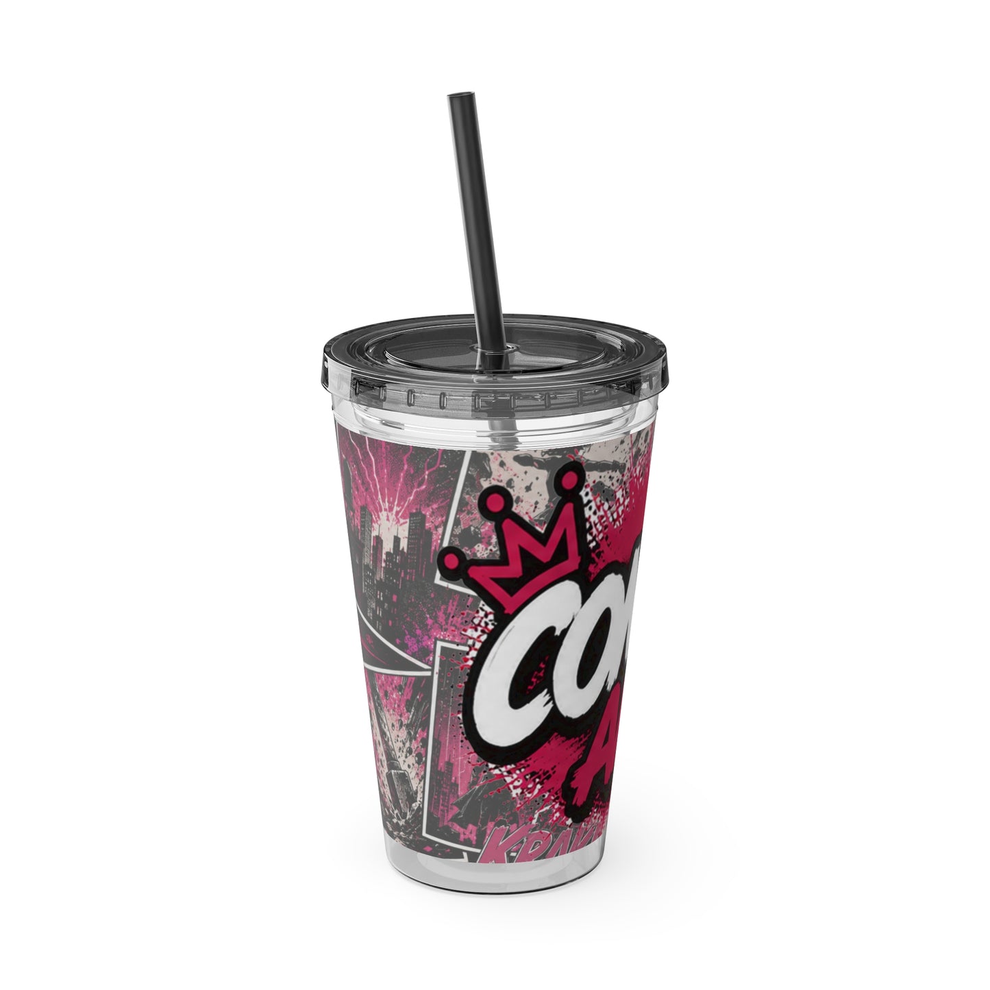 Comics And 16oz Acrylic Tumbler, Comic Book Cup With Straw, Pink Black Nerd Tumbler, Geek Gift for Her, Pop Art Drinkware